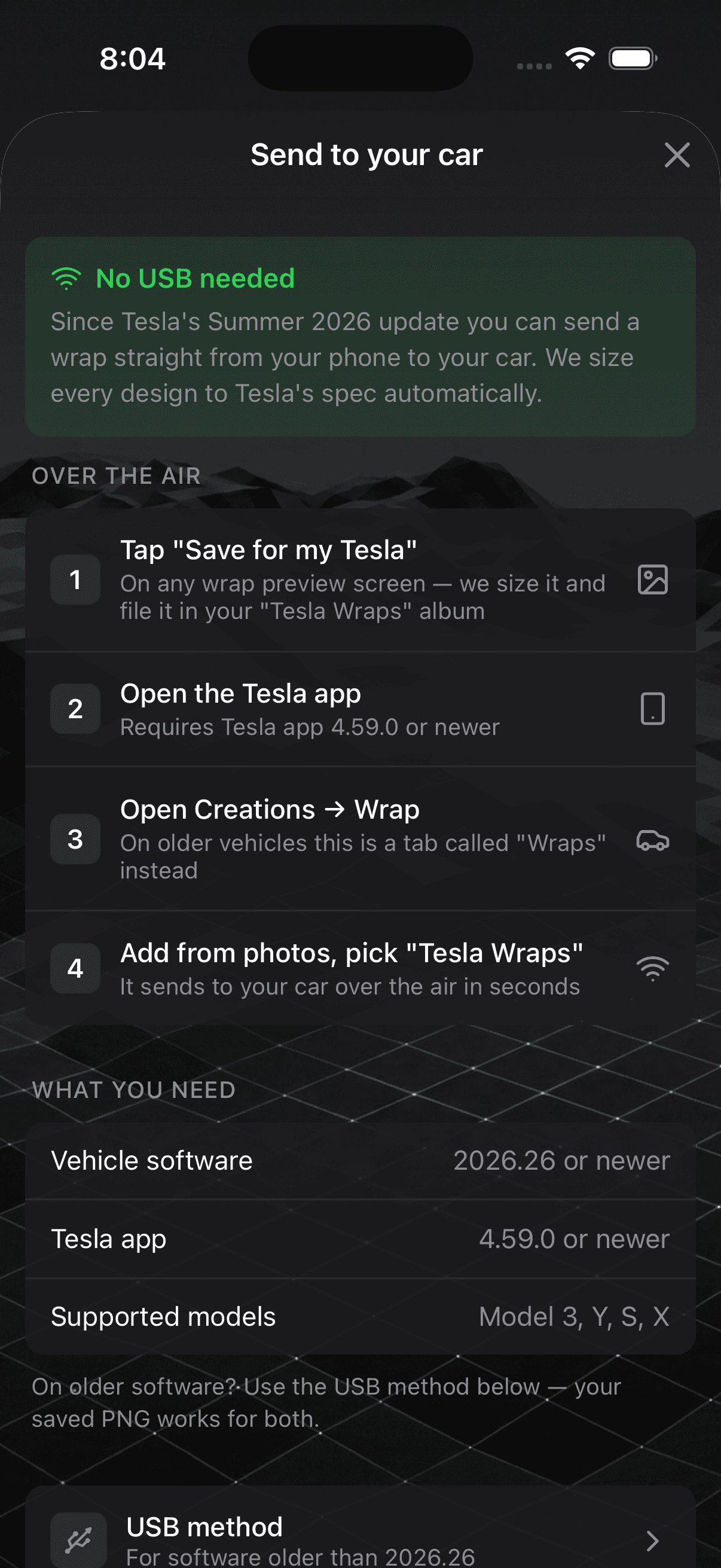 The send-to-car guide in WrapStudio AI, showing the four over-the-air steps