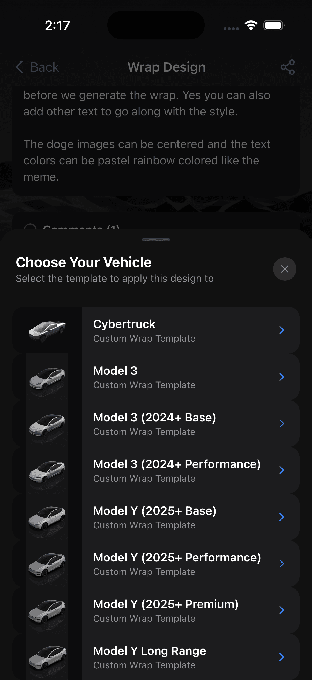 The vehicle picker in WrapStudio AI, showing selectable electric vehicle models