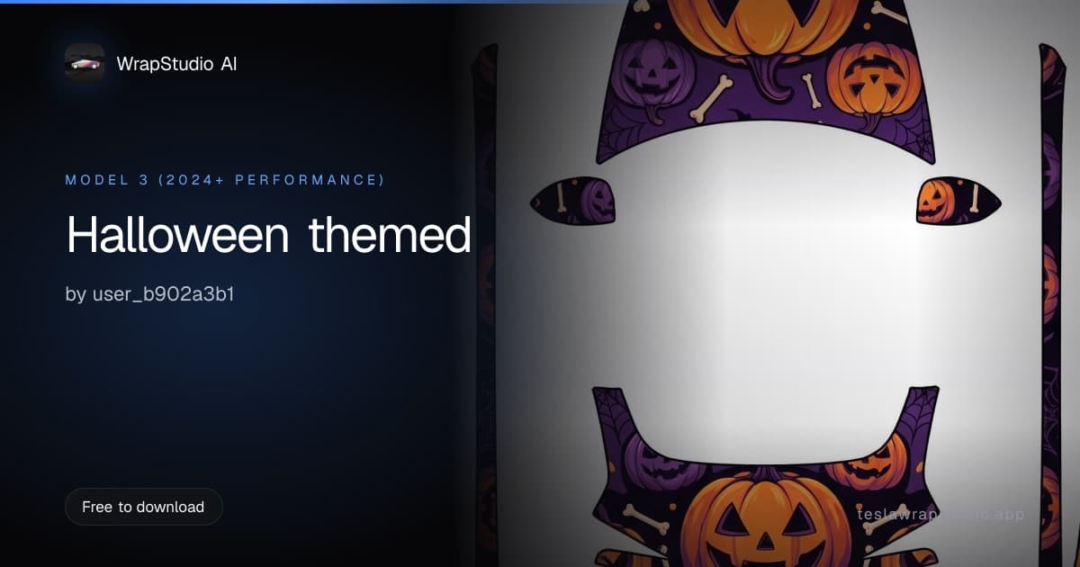 A community-made Halloween wrap for the Model 3, with jack-o'-lanterns, bones and cobwebs on a purple base, laid out flat on the template
