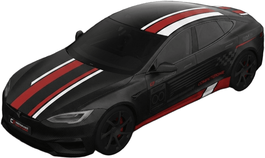 A carbon-fibre racing livery AI wrap concept rendered on an electric sedan