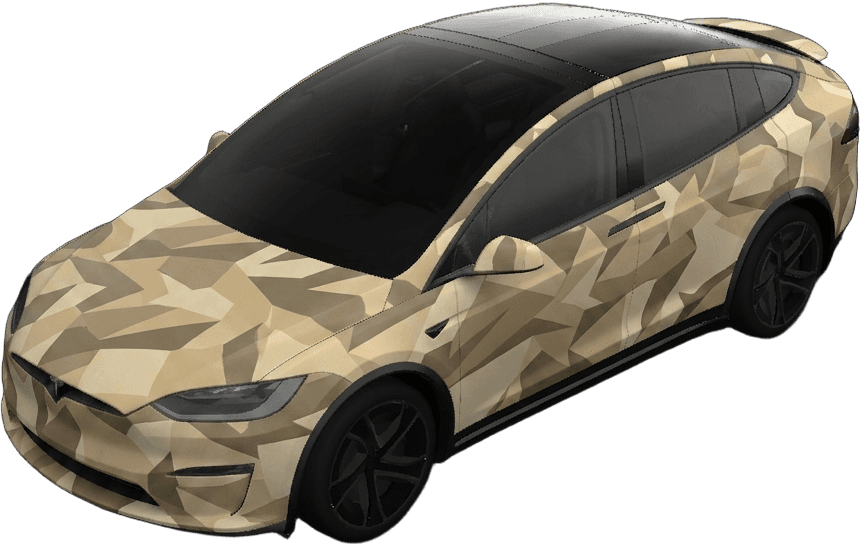 A matte desert-camo AI wrap concept rendered on a full-size electric SUV