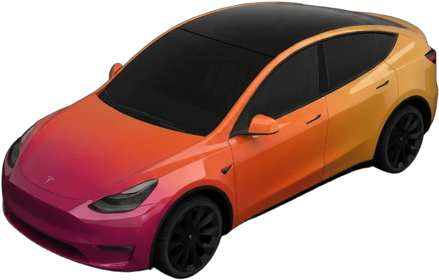 A gloss sunset-gradient AI wrap concept rendered on an electric crossover