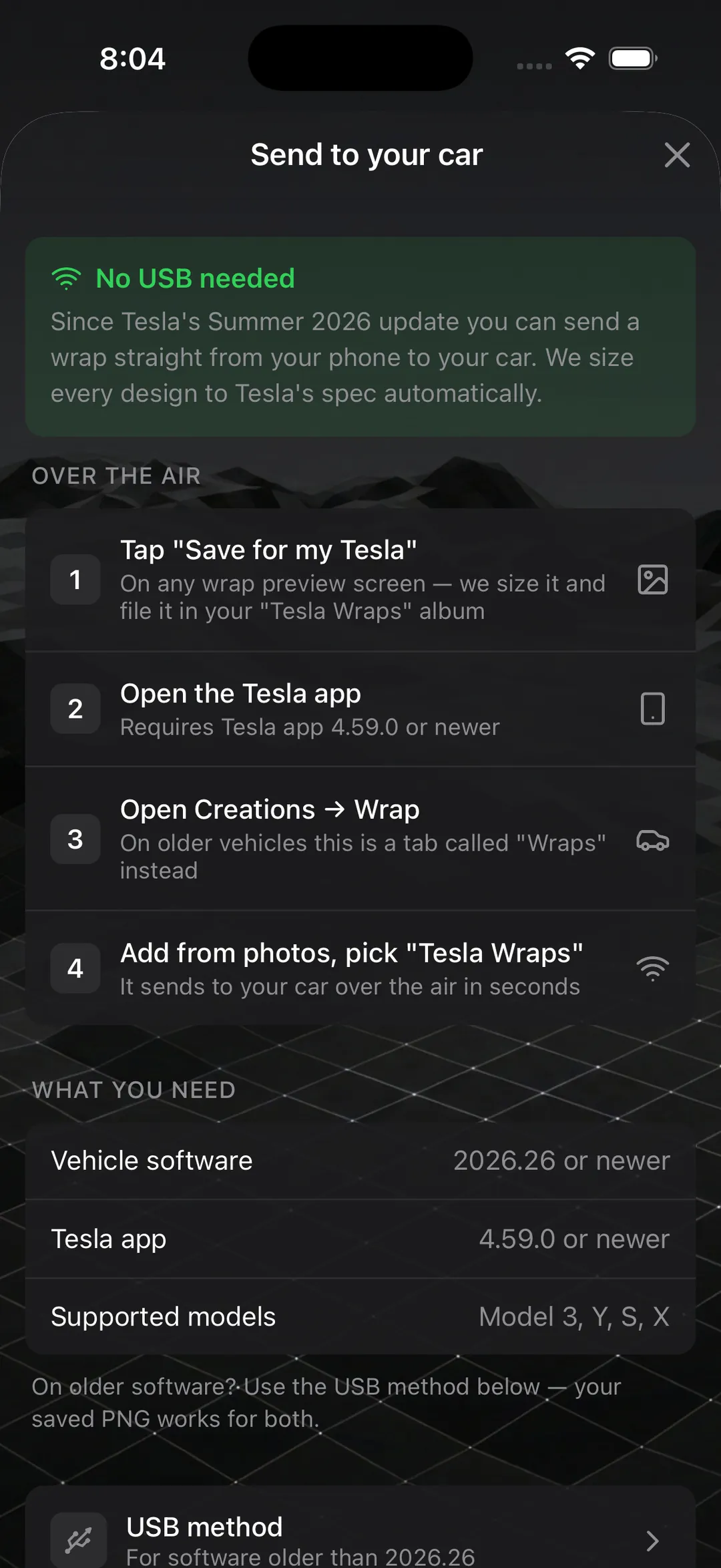 The send-to-car guide in WrapStudio AI, showing the steps to get a custom wrap onto the car