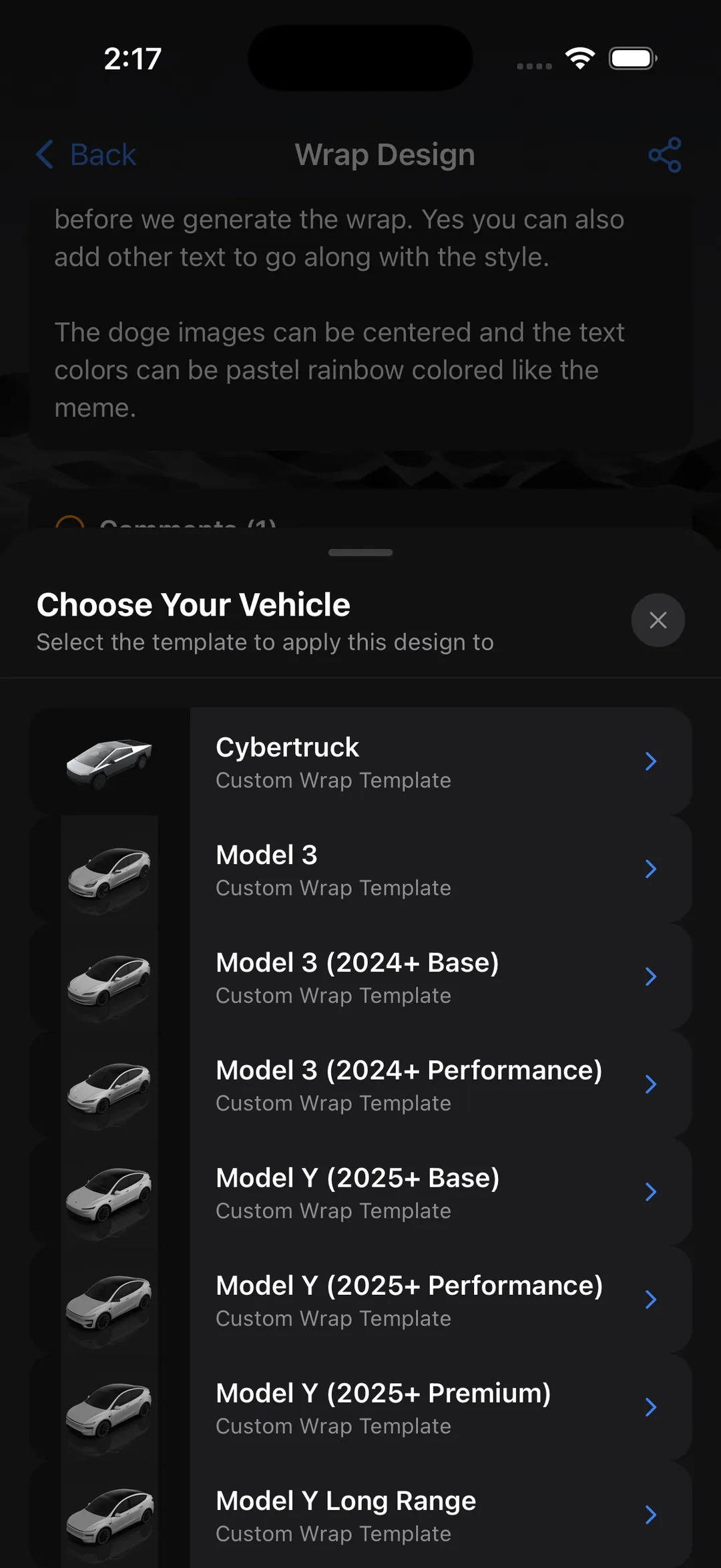 The vehicle picker in WrapStudio AI, showing selectable electric vehicle models